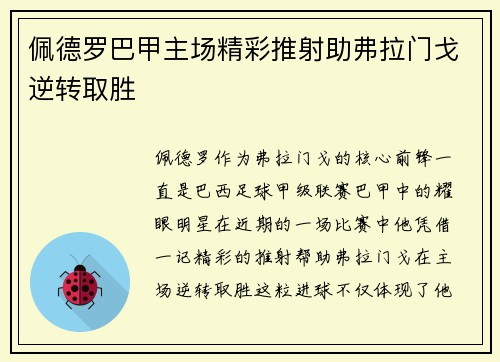 佩德罗巴甲主场精彩推射助弗拉门戈逆转取胜